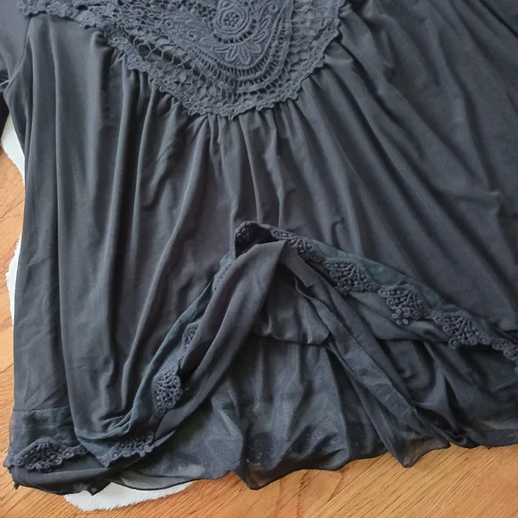 Cato • Women's Black Sheer Crochet Lace Bell Sleeve Peasant Blouse - Picture 8 of 16